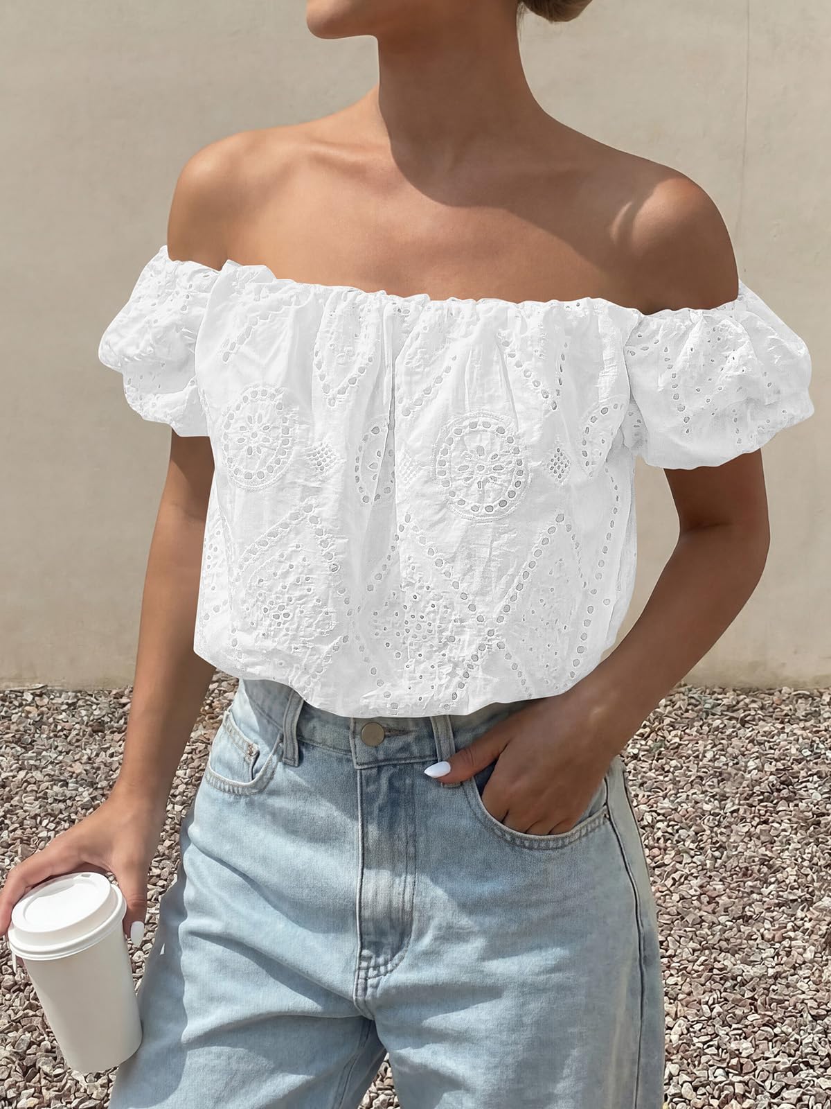 PRETTYGARDEN Women's Summer Off The Shoulder Tops Dressy Casual Puff Short Sleeve Embroidered Eyelet Cute Blouse Shirts PRETTYGARDEN