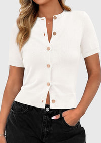PRETTYGARDEN Womens Casual Summer Short Sleeve Cardigans Button Down Knitted Sweater Basic Crew Neck Crop Tops