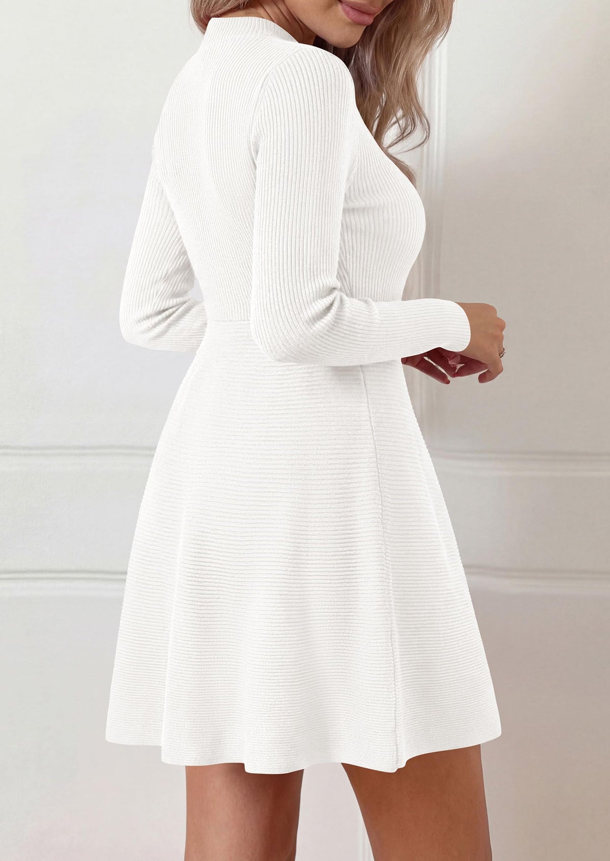 PRETTYGARDEN Womens Mock Neck Long Sleeve Sweater Mini Dress | Soft Ribbed Knit Flared A‑Line, Elegant Fall Winter Dresses for Wedding Guest, Cocktail & Holiday Party Casual Outfits