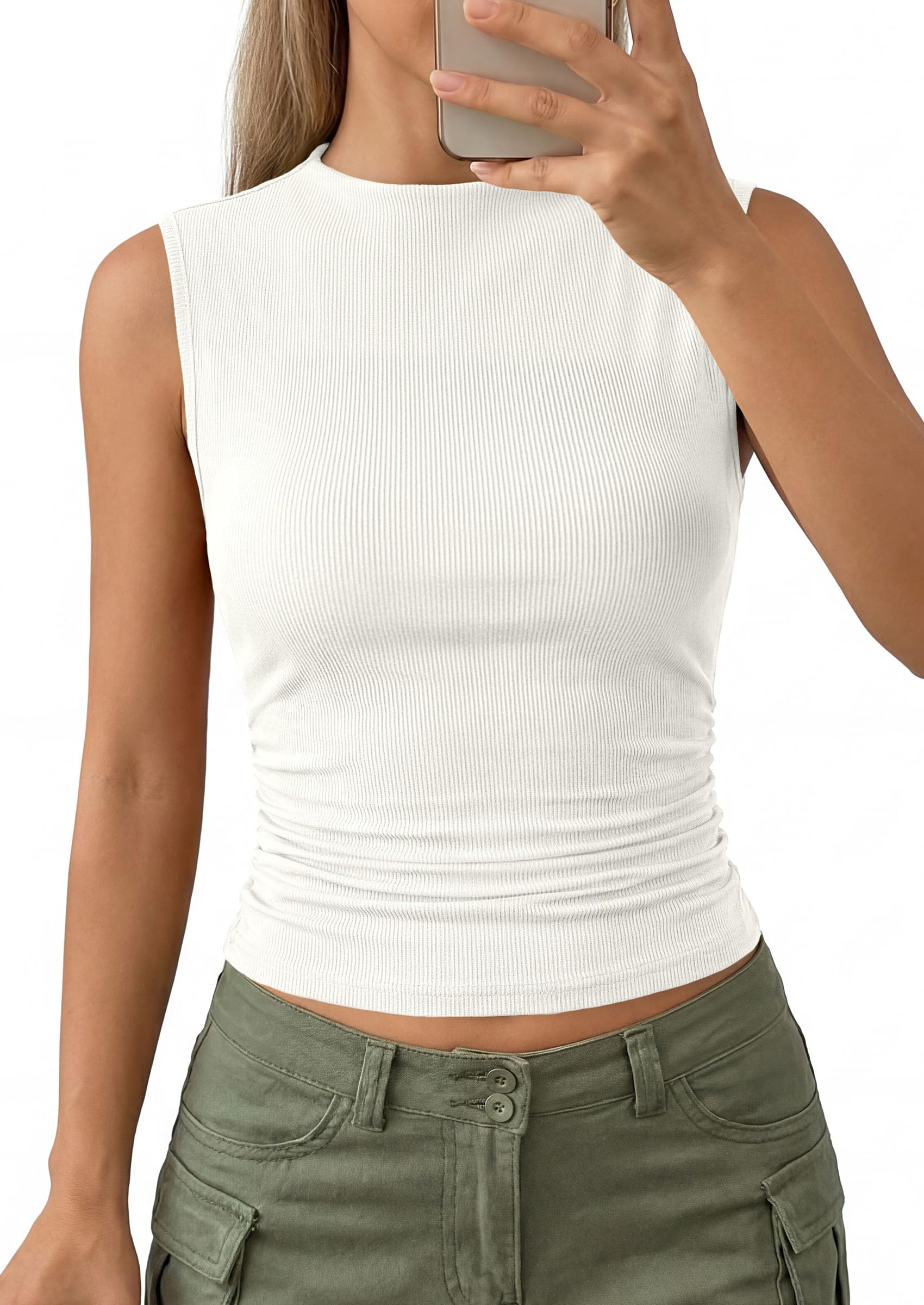 PRETTYGARDEN Tank Top for Women Summer Fashion Clothing Mock Neck Ribbed Knit Slim Fitted Shirts Going Out Tops PRETTYGARDEN