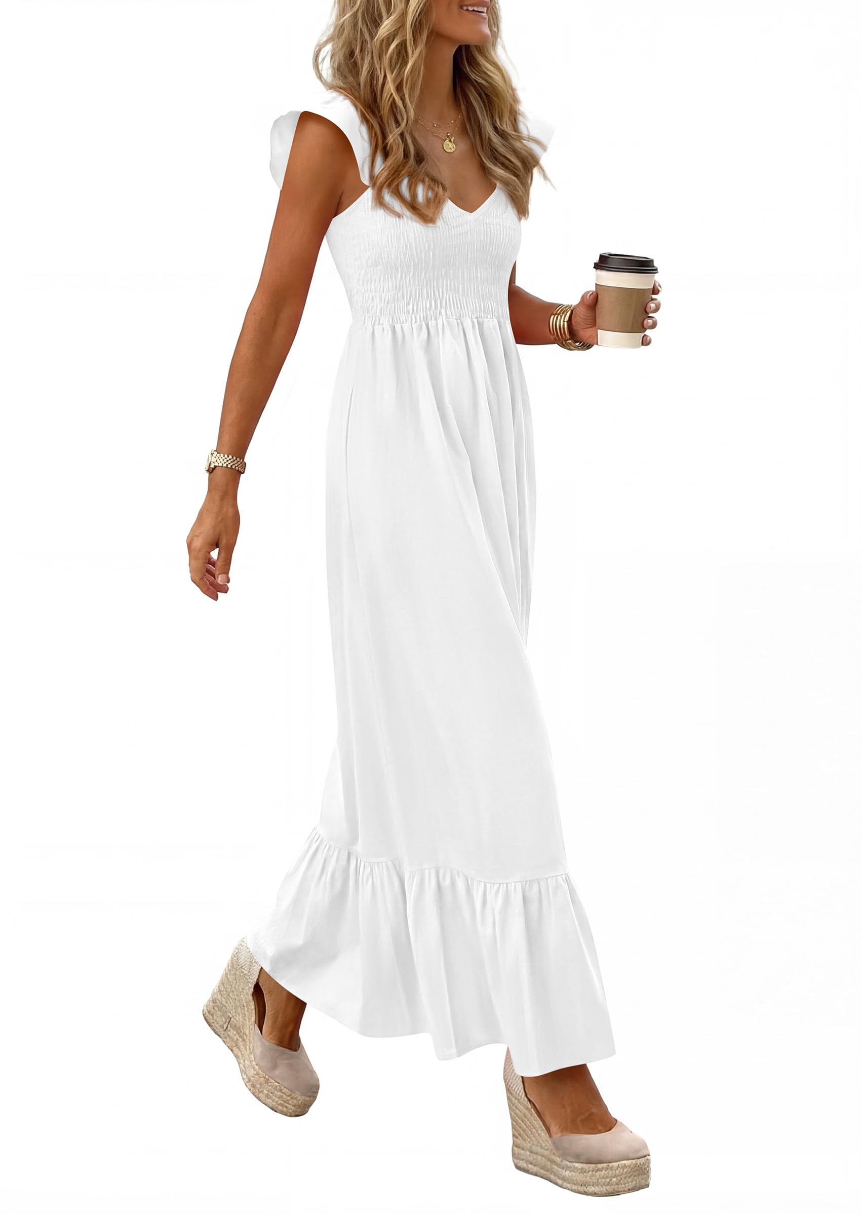 PRETTYGARDEN Women's Summer Casual Maxi Dresses Cap Sleeve V Neck Smocked Long Pockets Party Sundress Vacation Outfits PRETTYGARDEN