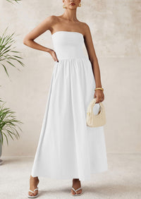 PRETTYGARDEN Women Summer Elegant Strapless Maxi Dress Tube Top Dress A Line Flowy Long Wedding Party Cocktail Dresses
