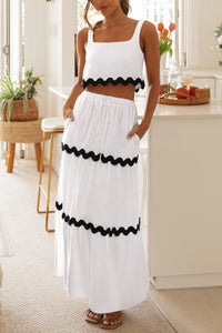 2 Piece Summer Casual Sleeveless Cropped Tank Top High Waisted Maxi Skirt Set