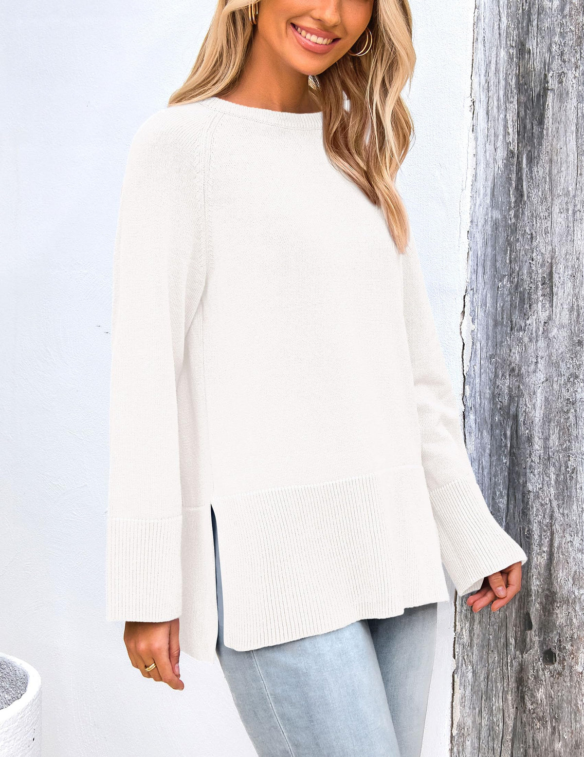 Women's Fall Knit Sweaters Long Sleeve Pullover Crewneck Split Hem Loose Oversized Tunic Sweater Top