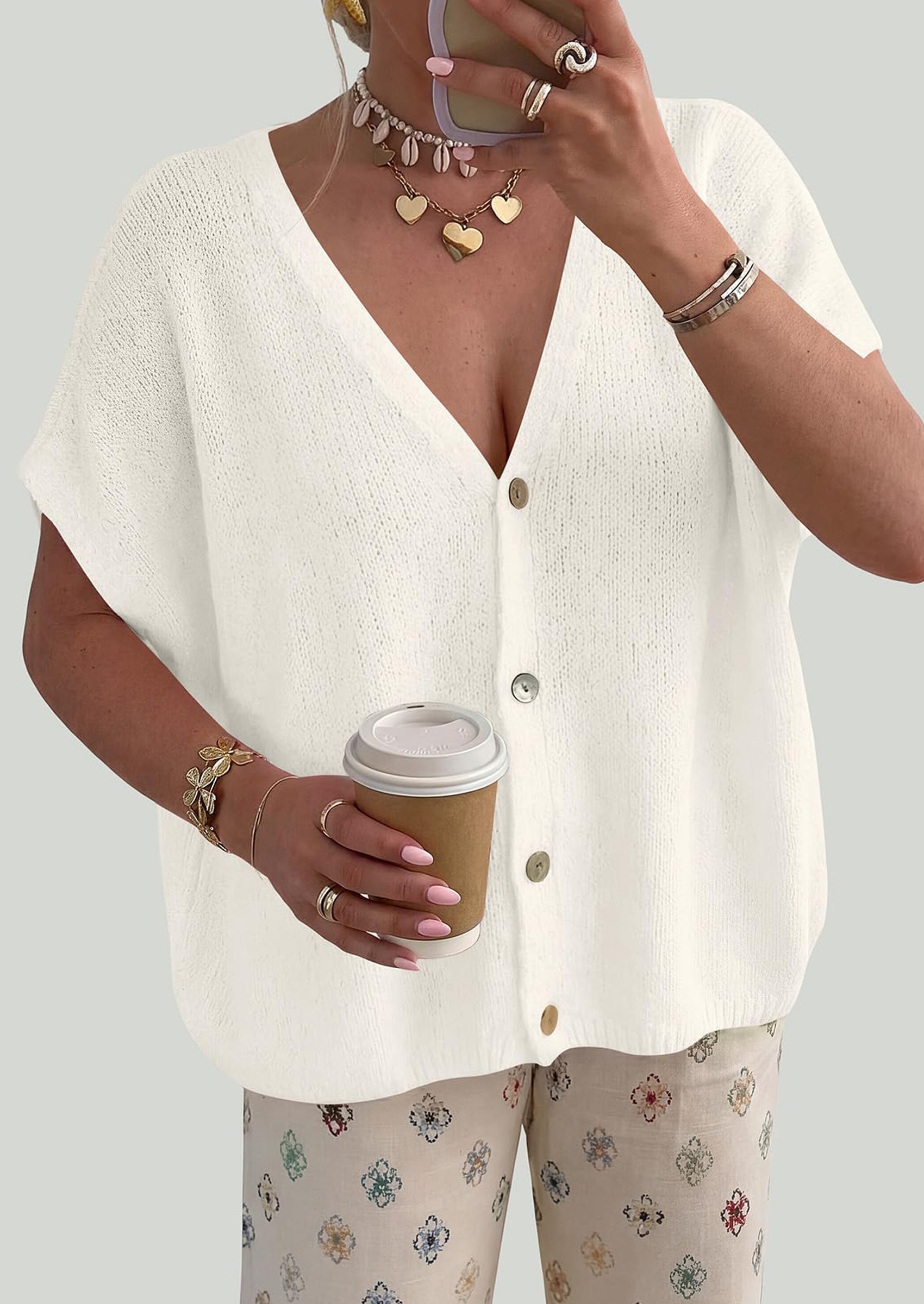 PRETTYGARDEN Batwing Short Sleeve Summer Cardigan Sweaters for Women Lightweight V Neck Button Oversized Sweater Tops PRETTYGARDEN