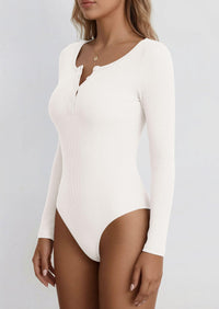 PRETTYGARDEN Long Sleeve Bodysuits for Women Ribbed Knit Henley Button Up Slim Fitted Basic Tops Winter Fashion Clothing PRETTYGARDEN