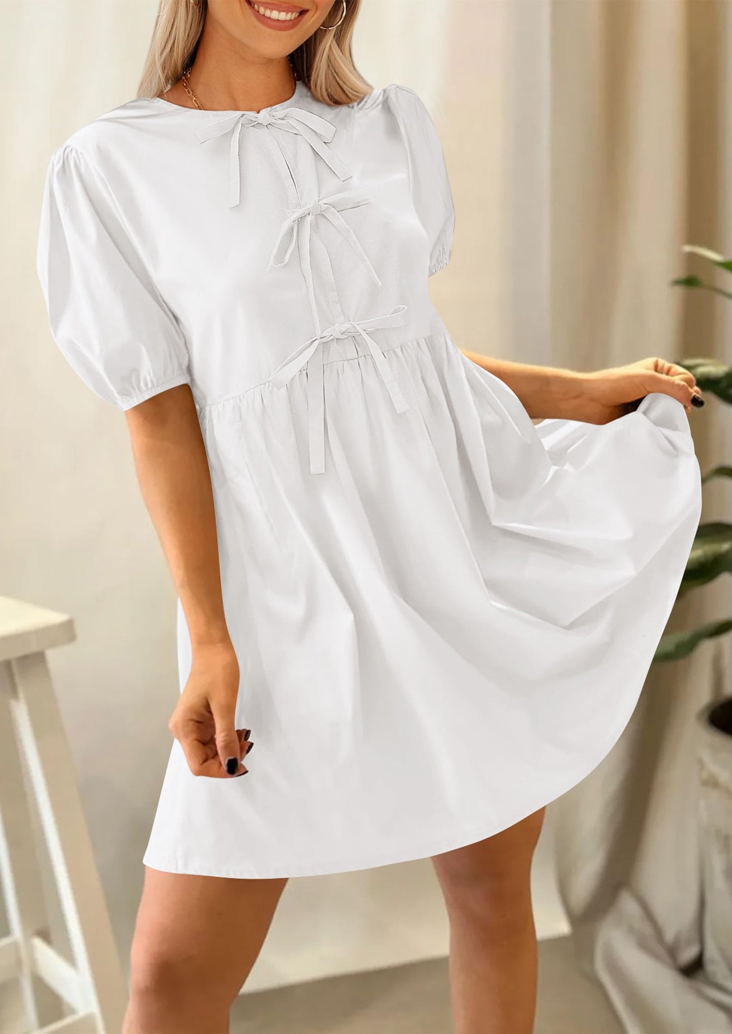 Womens Summer Casual Short Sleeve Dresses A Line Bow Tie Front Babydoll Loose Cute Mini Dress with Pockets