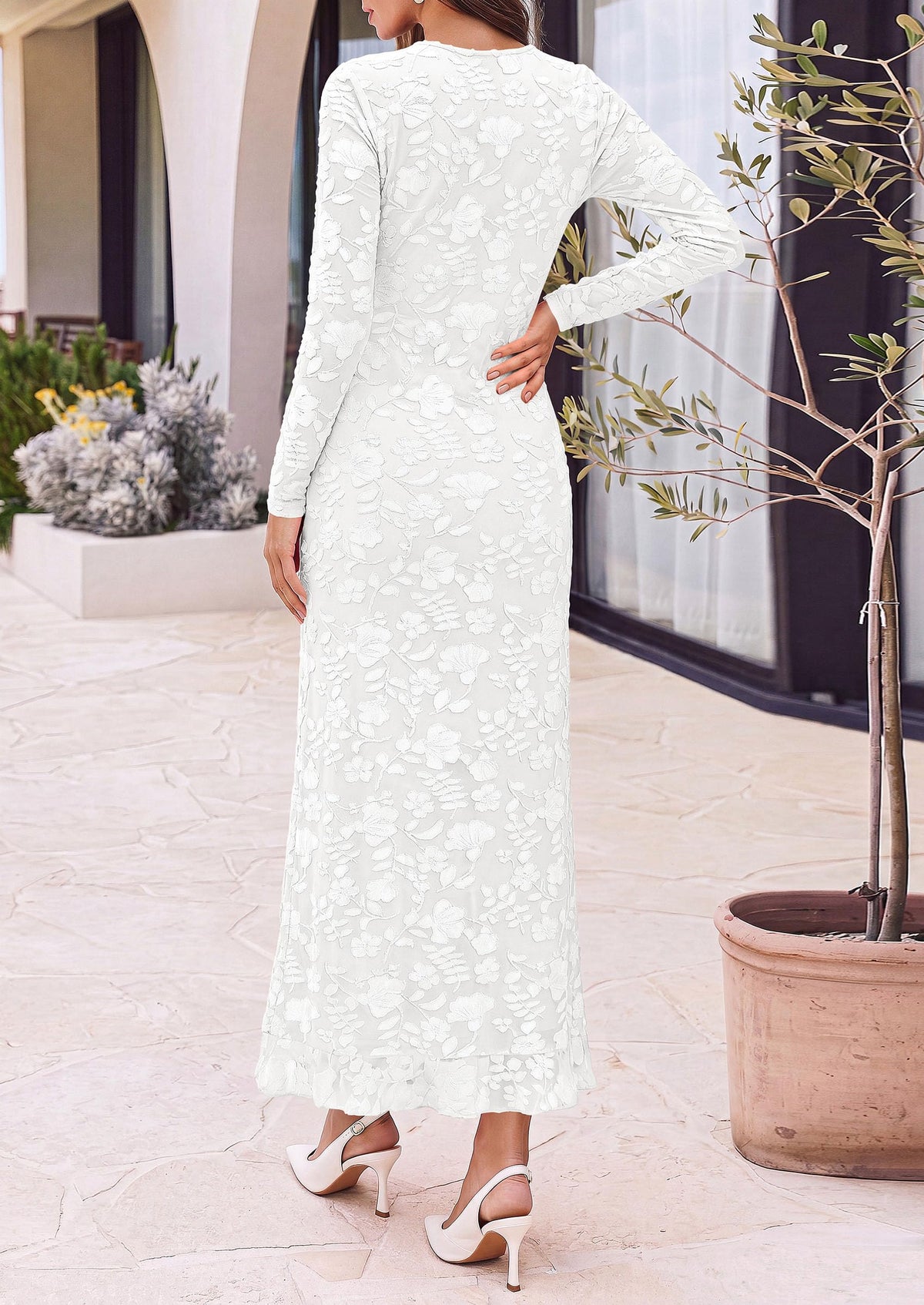 PRETTYGARDEN Women's Formal Maxi Floral Dresses with Slit  Long Sleeve Ruffle Hem, Elegant Outfit for Wedding Guest & Cocktail Party, Bodycon Crewneck Mesh Dresses, Fall Fashion 2026