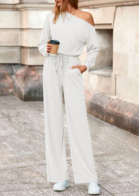 PRETTYGARDEN Long Sleeve Jumpsuit For Women Dressy Off Shoulder One Piece Loose Wide Leg Jumpsuits Casual Flowy Romper