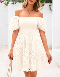 Womens Summer Puff Sleeve Mini Dress Off Shoulder Eyelet Smocked A Line Casual Babydoll Short Dresses