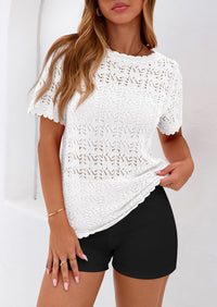 PRETTYGARDEN Women's Short Sleeve Sweater Trendy Crochet Summer Tops Casual Hollow Out Shirts Beach Vacation Clothes PRETTYGARDEN