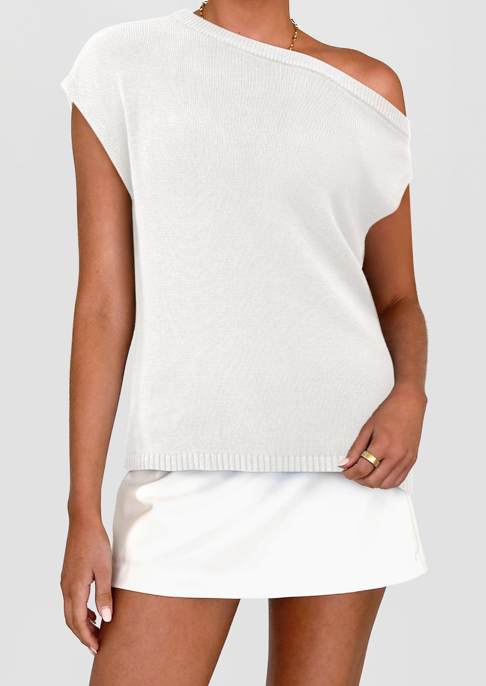 PRETTYGARDEN Womens Off The Shoulder Tops Summer Casual Short Sleeve Tunic T Shirts Lightweight Knit Sweaters