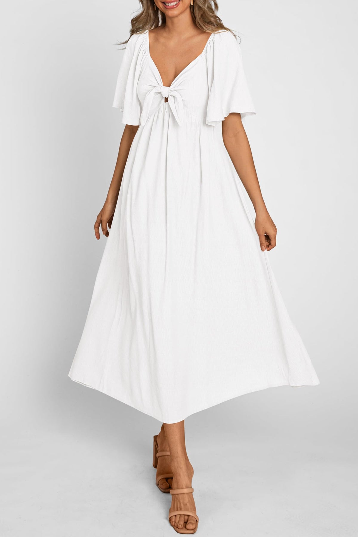 Casual Short Sleeve Bow Tie V Neck Ruffle Flowy Midi Dresses