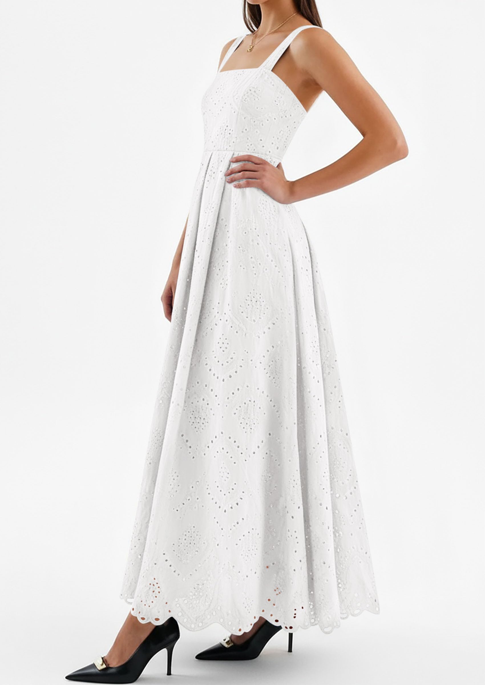 PRETTYGARDEN Womens Sleeveless Maxi Summer Dresses Hollow Out Eyelet Square Neck Ruffle Flowy Beach Vacation Sundress PRETTYGARDEN