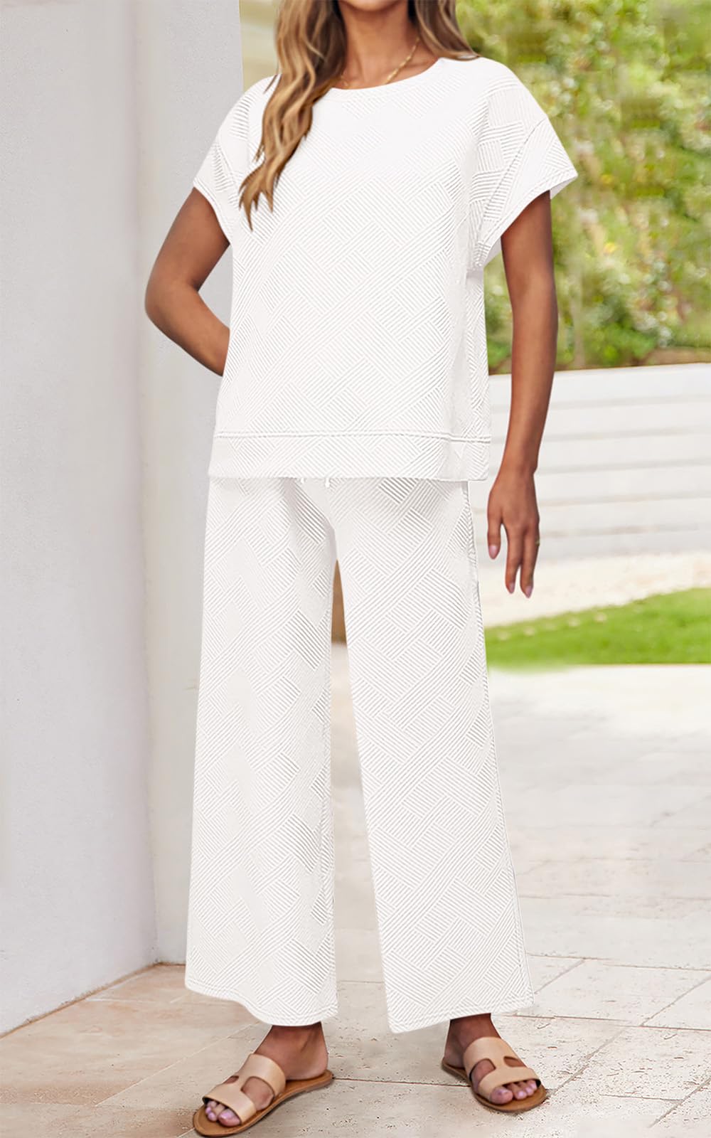 PRETTYGARDEN 2 Piece Outfits For Women Casual Tracksuit Short Sleeve Tops And Wide Leg Long Pants Matching Lounge Sets