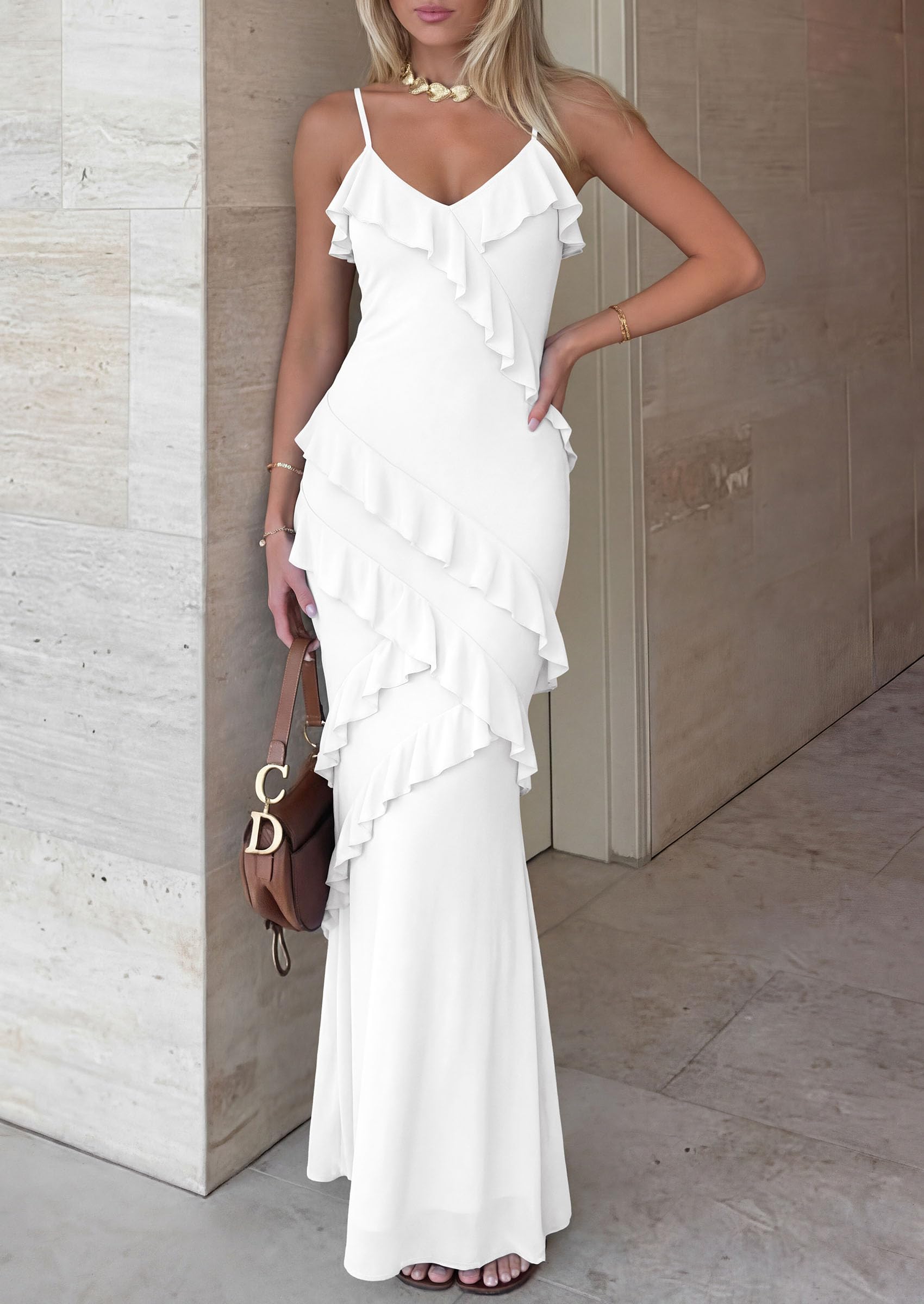 PRETTYGARDEN Women Wedding Guest Cocktail Maxi Dress Spaghetti Strap Sleeveless V Neck Bodycon Mesh Party Summer Outfits