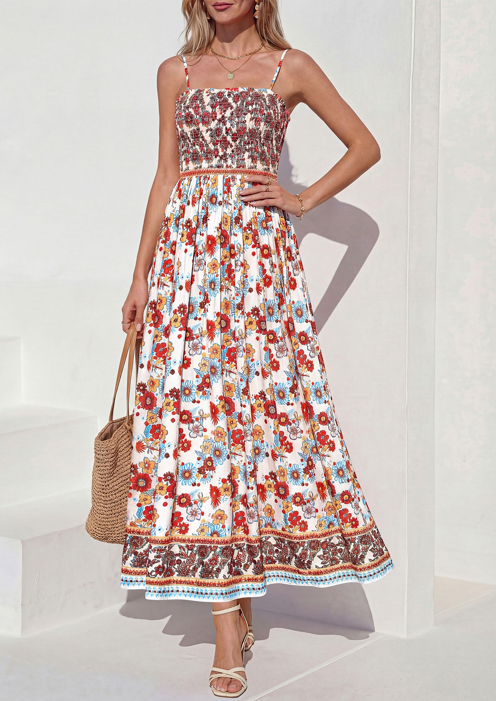 PRETTYGARDEN Womens Floral Maxi Dress Boho Casual Summer Spaghetti Strap Smocked Sleeveless Flowy Beach Vacation Dresses