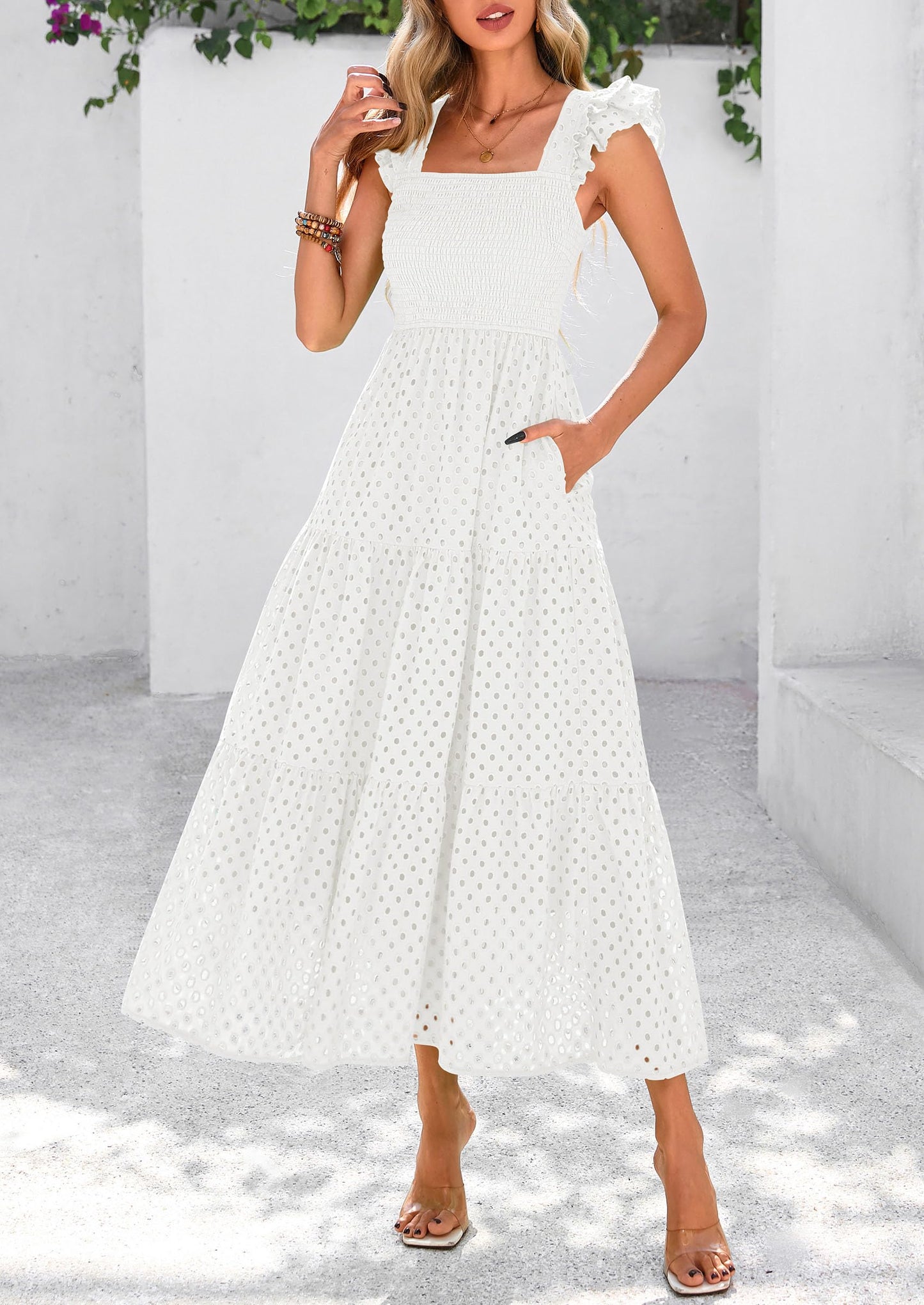 Womens Summer Square Neck Maxi Dresses Cap Sleeve Eyelet Smocked Tiered A Line Flowy Long Dress with Pockets