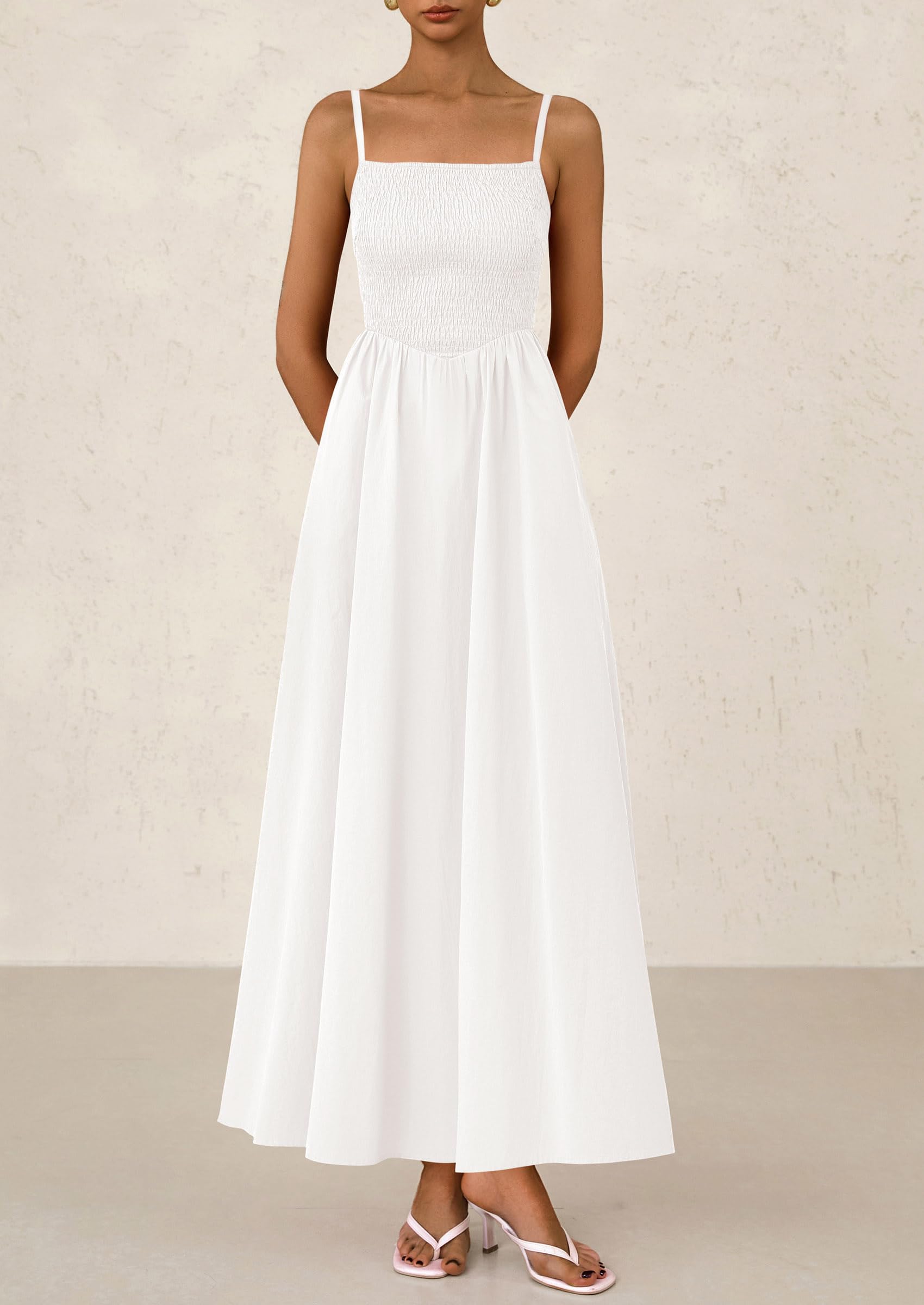 PRETTYGARDEN Women's Smocked Maxi Dresses Beach Sundress Casual Spaghetti Strap Swing A Line Long Flowy Dress