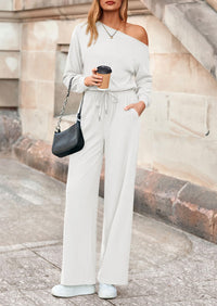 PRETTYGARDEN Long Sleeve Jumpsuit For Women Dressy Off Shoulder One Piece Loose Wide Leg Jumpsuits Casual Flowy Romper