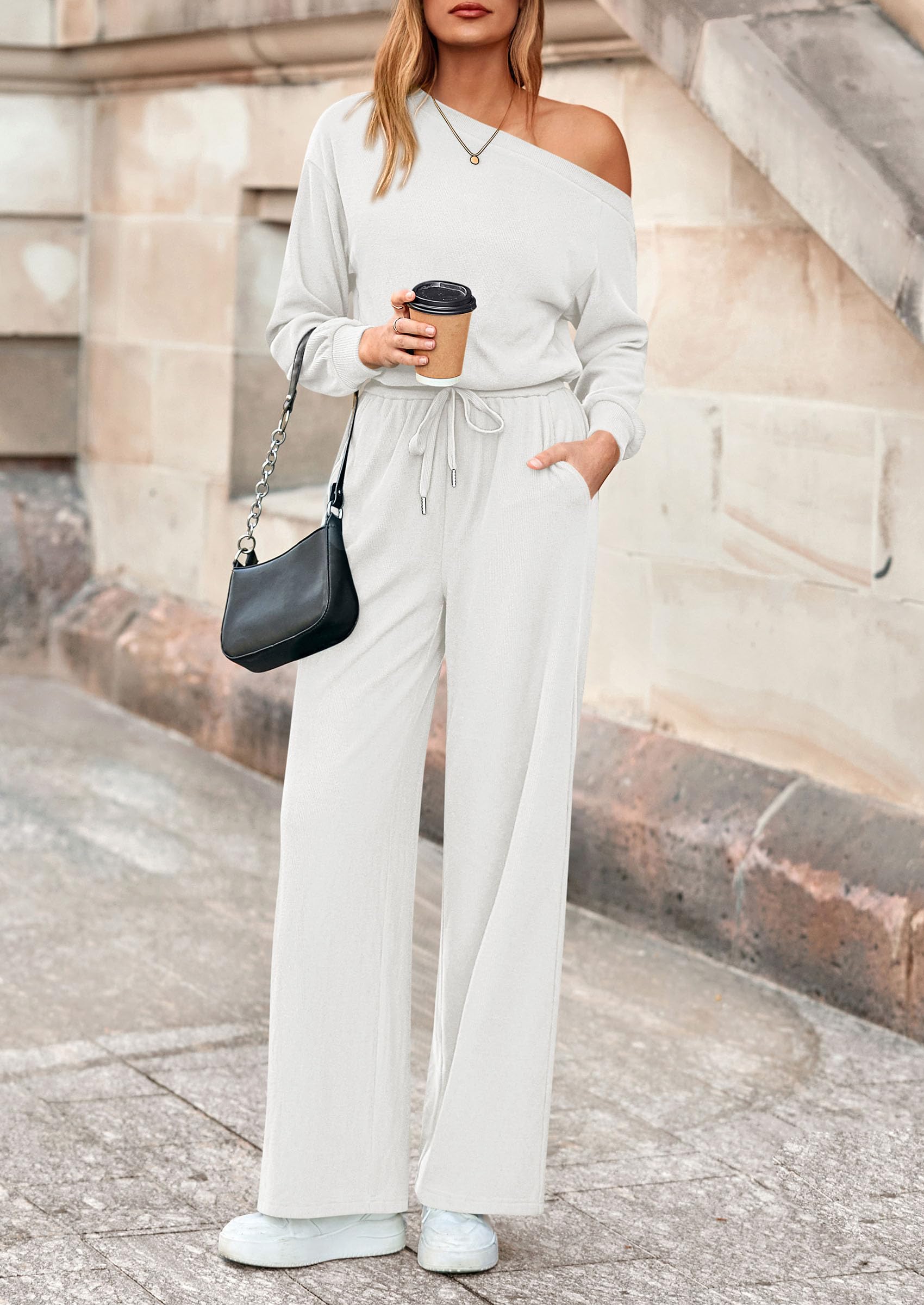 PRETTYGARDEN Long Sleeve Jumpsuit For Women Dressy Off Shoulder One Piece Loose Wide Leg Jumpsuits Casual Flowy Romper
