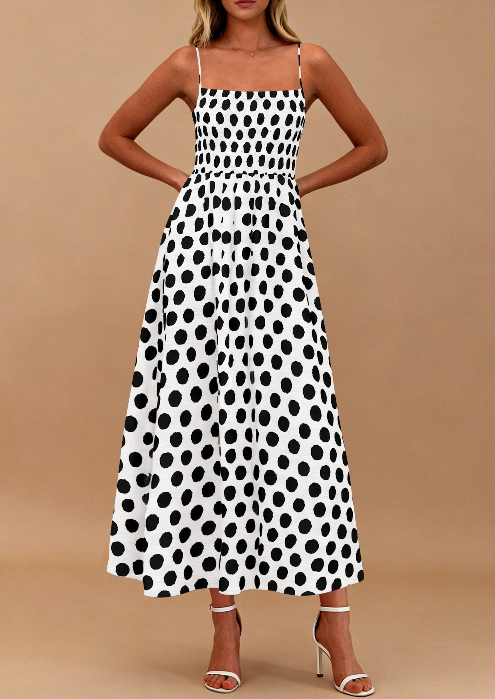 PRETTYGARDEN Womens Summer Dresses Spring Sleeveless Spaghetti Straps Casual Midi Dress Polka Dot Smocked Beach Sundress PRETTYGARDEN