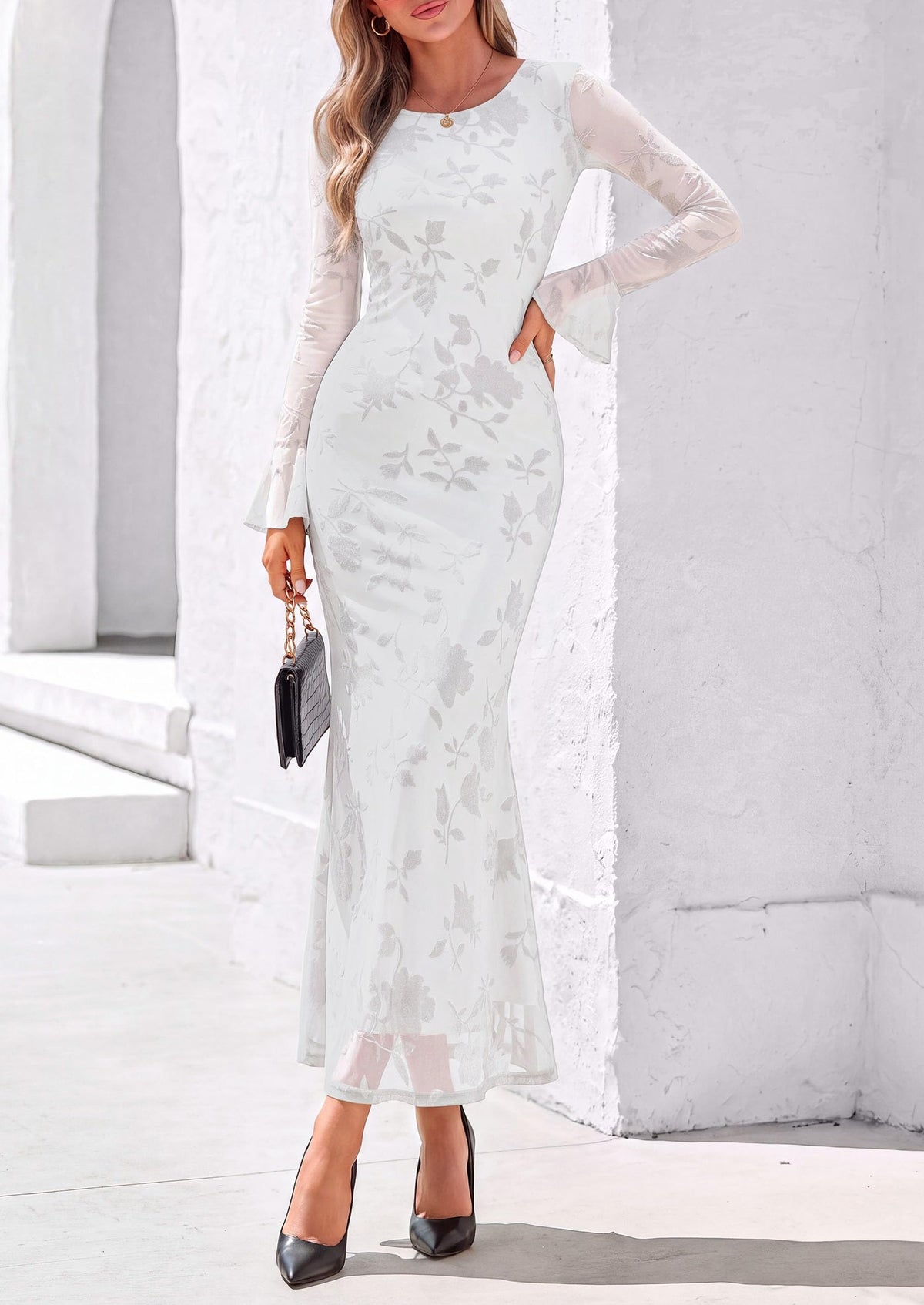 PRETTYGARDEN Women's Long Sleeve Maxi Floral Mesh Fall Wedding Guest Dress