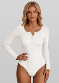 PRETTYGARDEN Long Sleeve Bodysuits for Women Ribbed Knit Henley Button Up Slim Fitted Basic Tops Winter Fashion Clothing