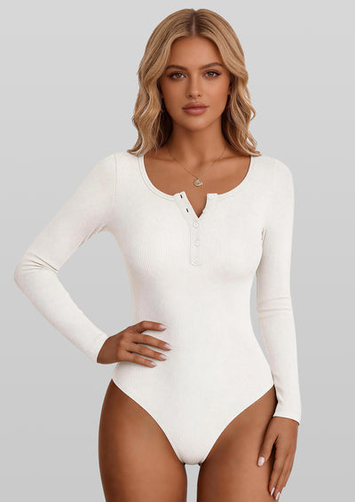 PRETTYGARDEN Long Sleeve Bodysuits for Women Ribbed Knit Henley Button Up Slim Fitted Basic Tops Winter Fashion Clothing