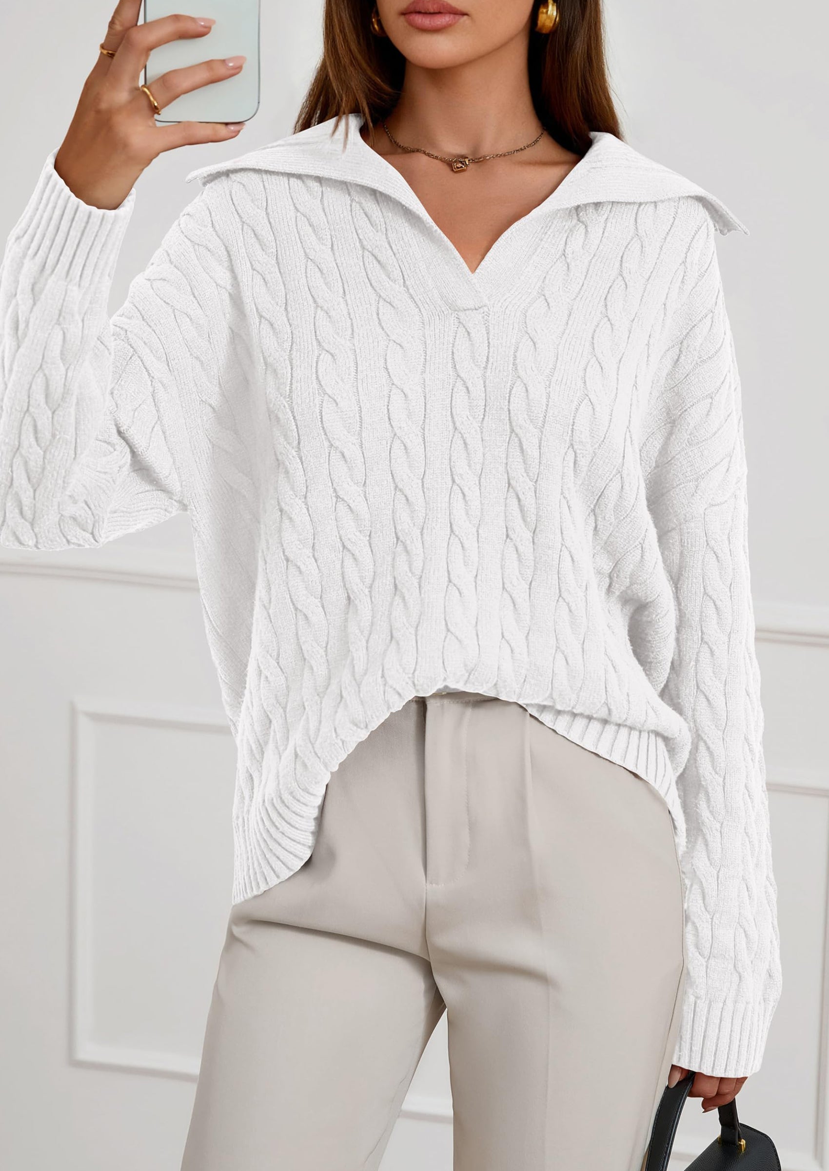 PRETTYGARDEN Fall Cable Knit Oversized Sweaters for Women Polo V Neck Long Sleeve Casual Chunky Sweater Pullover Tops PRETTYGARDEN