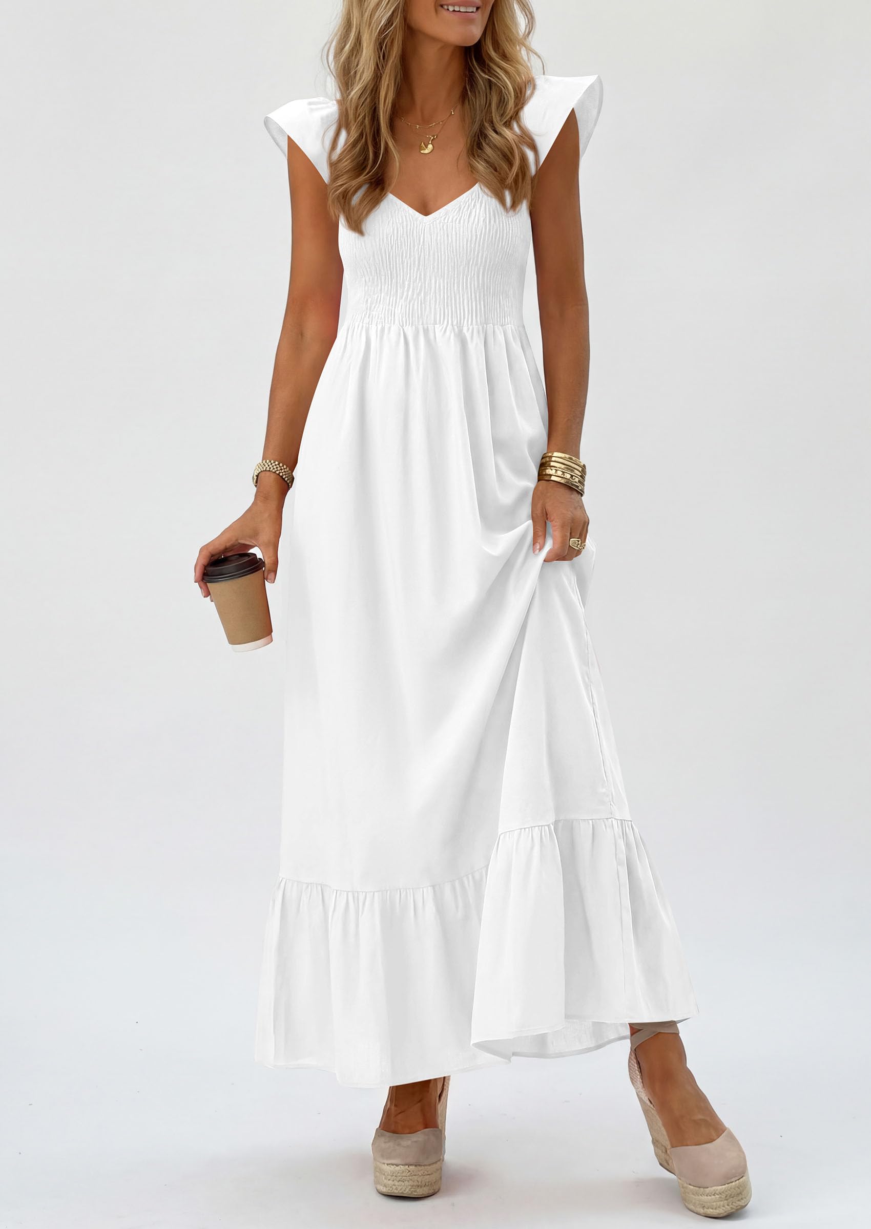 PRETTYGARDEN Women's Summer Casual Maxi Dresses Cap Sleeve V Neck Smocked Long Pockets Party Sundress Vacation Outfits PRETTYGARDEN