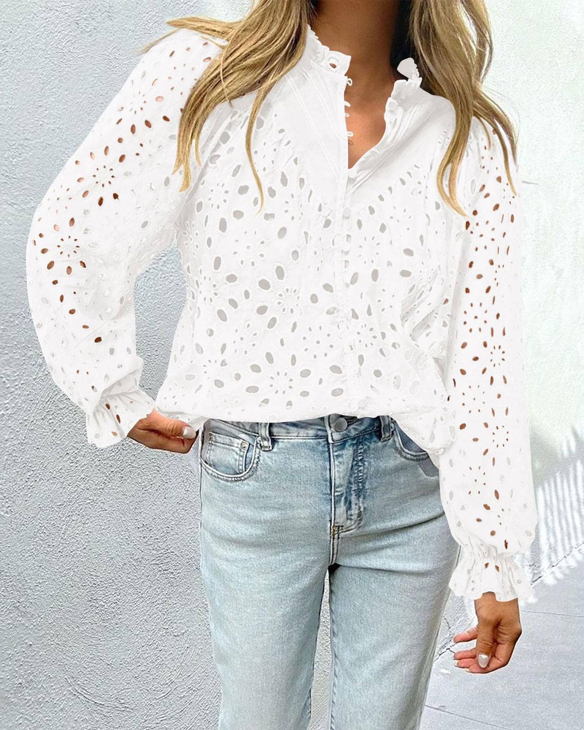 Women's Dressy Casual Blouse Tops Puff Long Sleeve Button V Neck Hollow Out Lace Embroidered Pullover Shirts