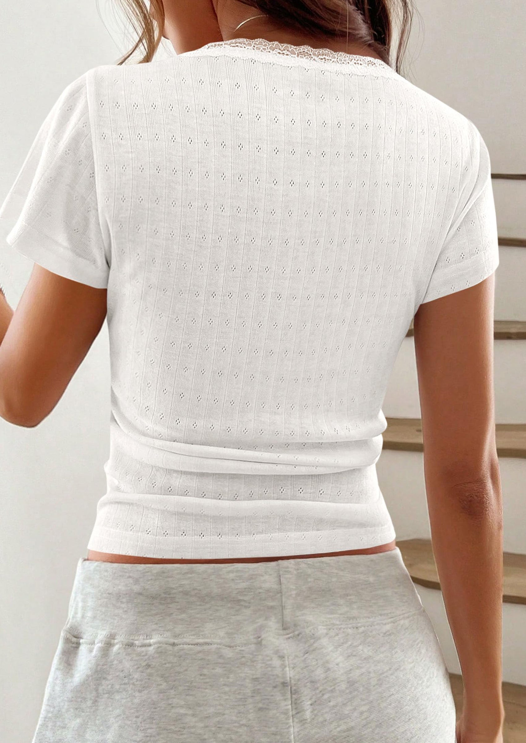 PRETTYGARDEN Summer Tops for Women Short Sleeve Lace Trim Slim Fitted Henley Tee Shirts Y2K Fashion Clothing PRETTYGARDEN