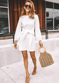 PRETTYGARDEN Womens Fall Elegant Long Lantern Sleeve Short Dress Wedding Guest Crewneck Tie Waist Knit Cocktail Dresses PRETTYGARDEN