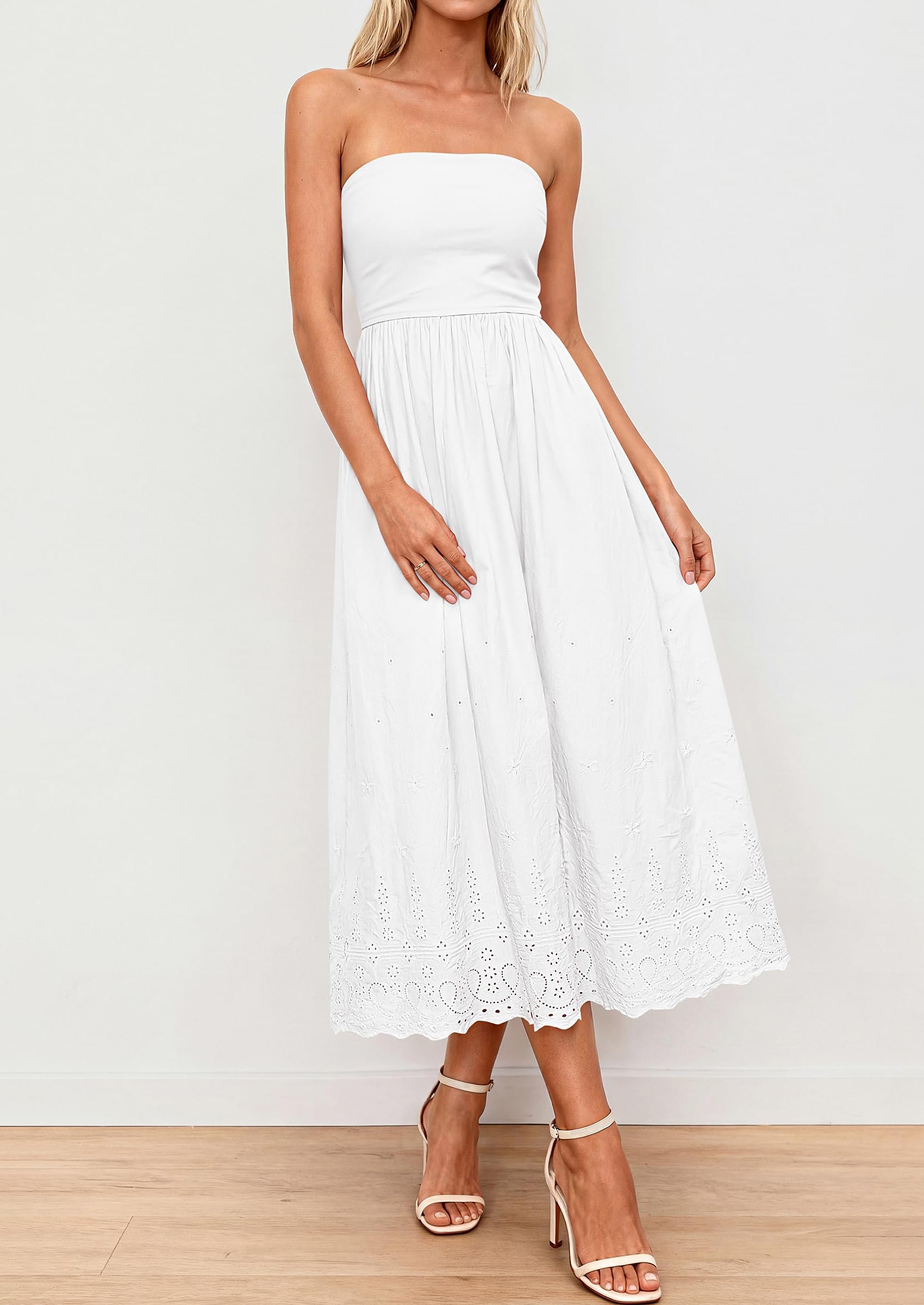 PRETTYGARDEN Womens Summer Dresses Sexy Sleeveless Tube Top Long Dress Eyelet Cotton Maxi Beach Sundress Pockets