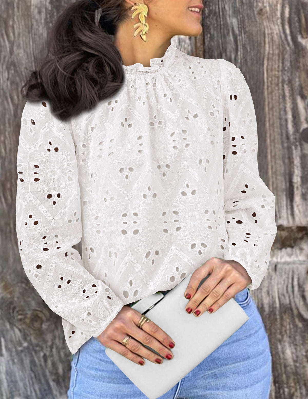 Womens Blouses Dressy Casual Embroidered Long Puff Sleeve Shirts Ruffle Eyelet Lace Top Fall Clothes