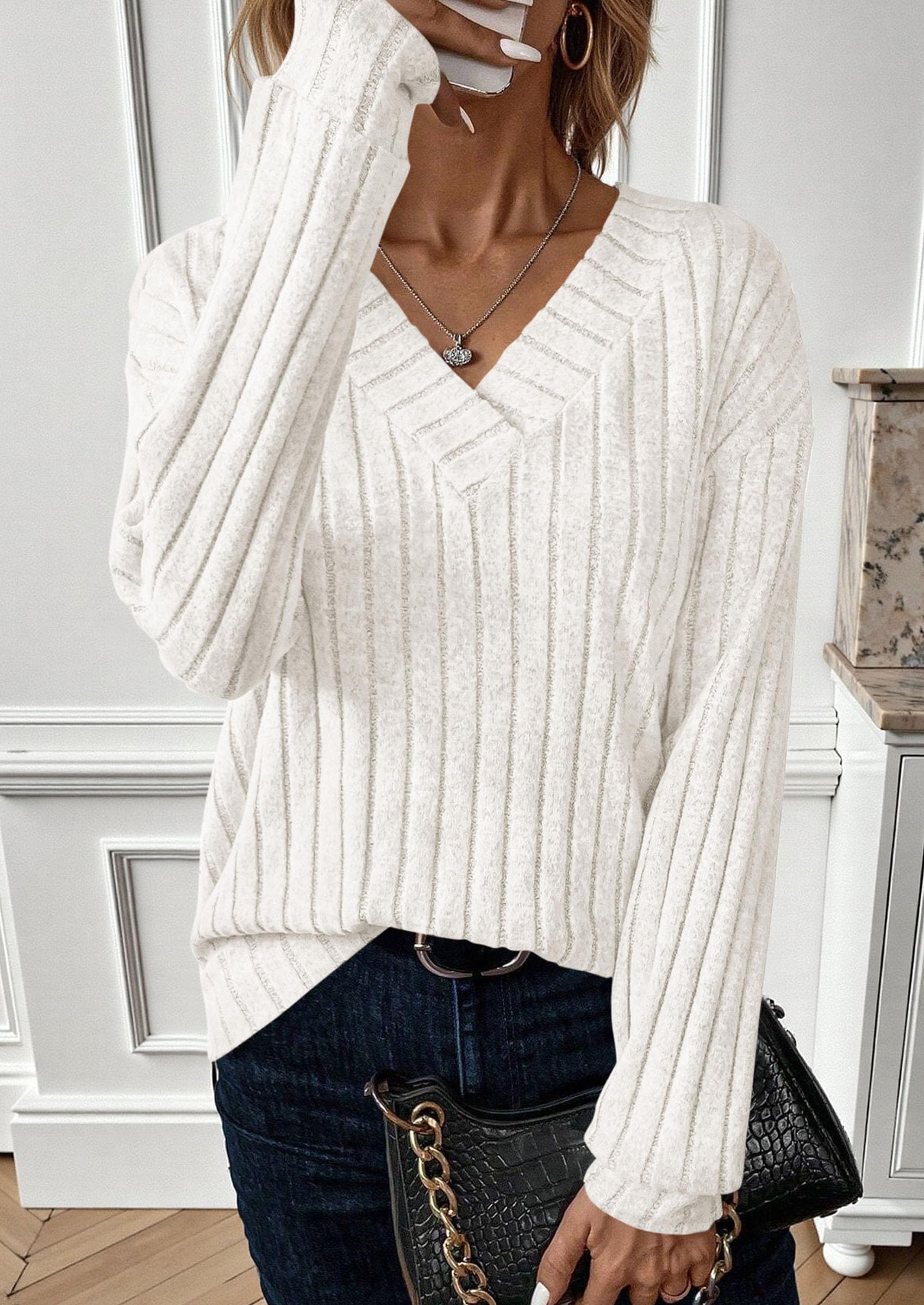 PRETTYGARDEN Fall Fashion Long Sleeve Shirts for Women Ribbed Knit V Neck Dressy Casual Lightweight Sweaters Tunic Tops