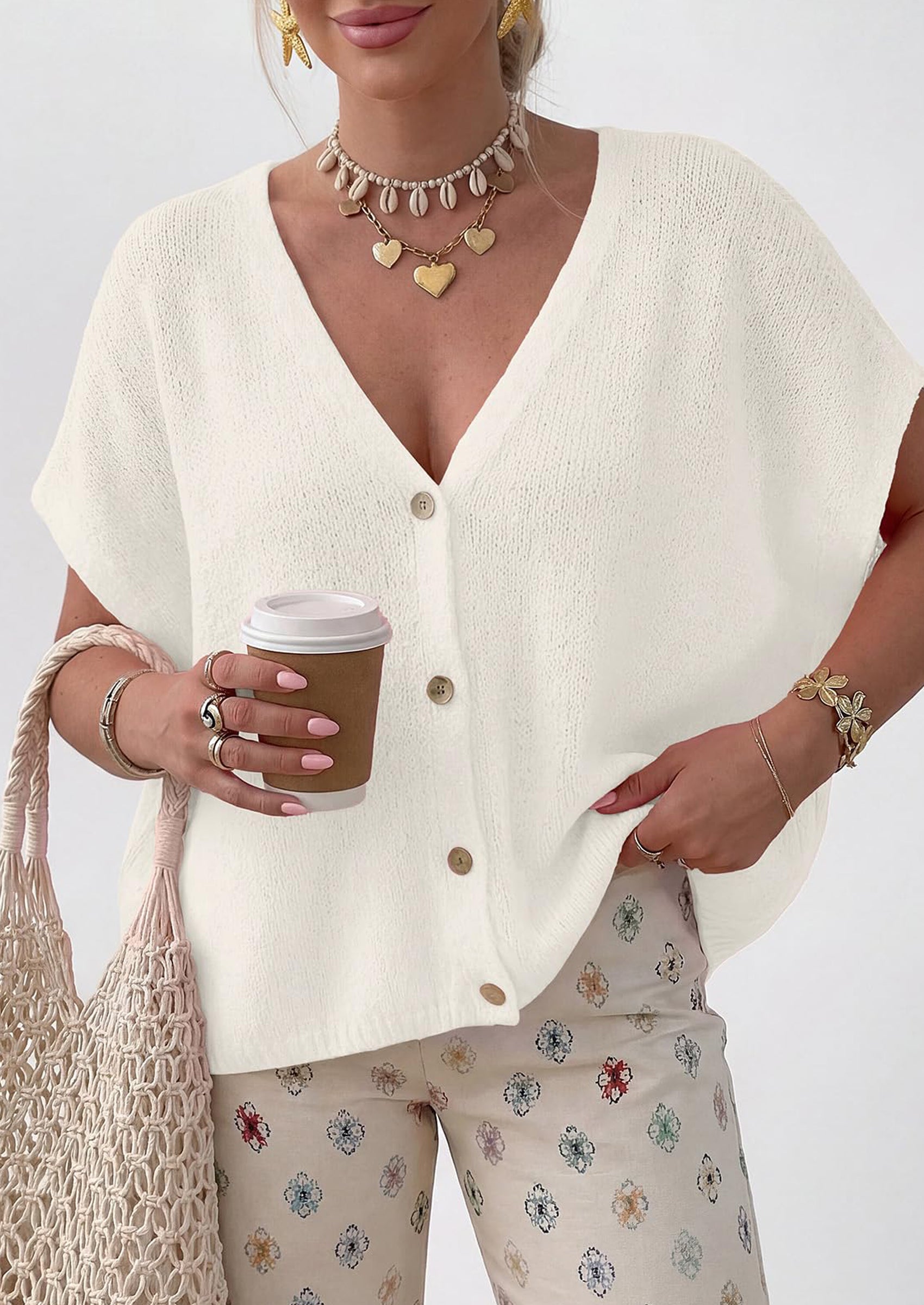 PRETTYGARDEN Batwing Short Sleeve Summer Cardigan Sweaters for Women Lightweight V Neck Button Oversized Sweater Tops PRETTYGARDEN