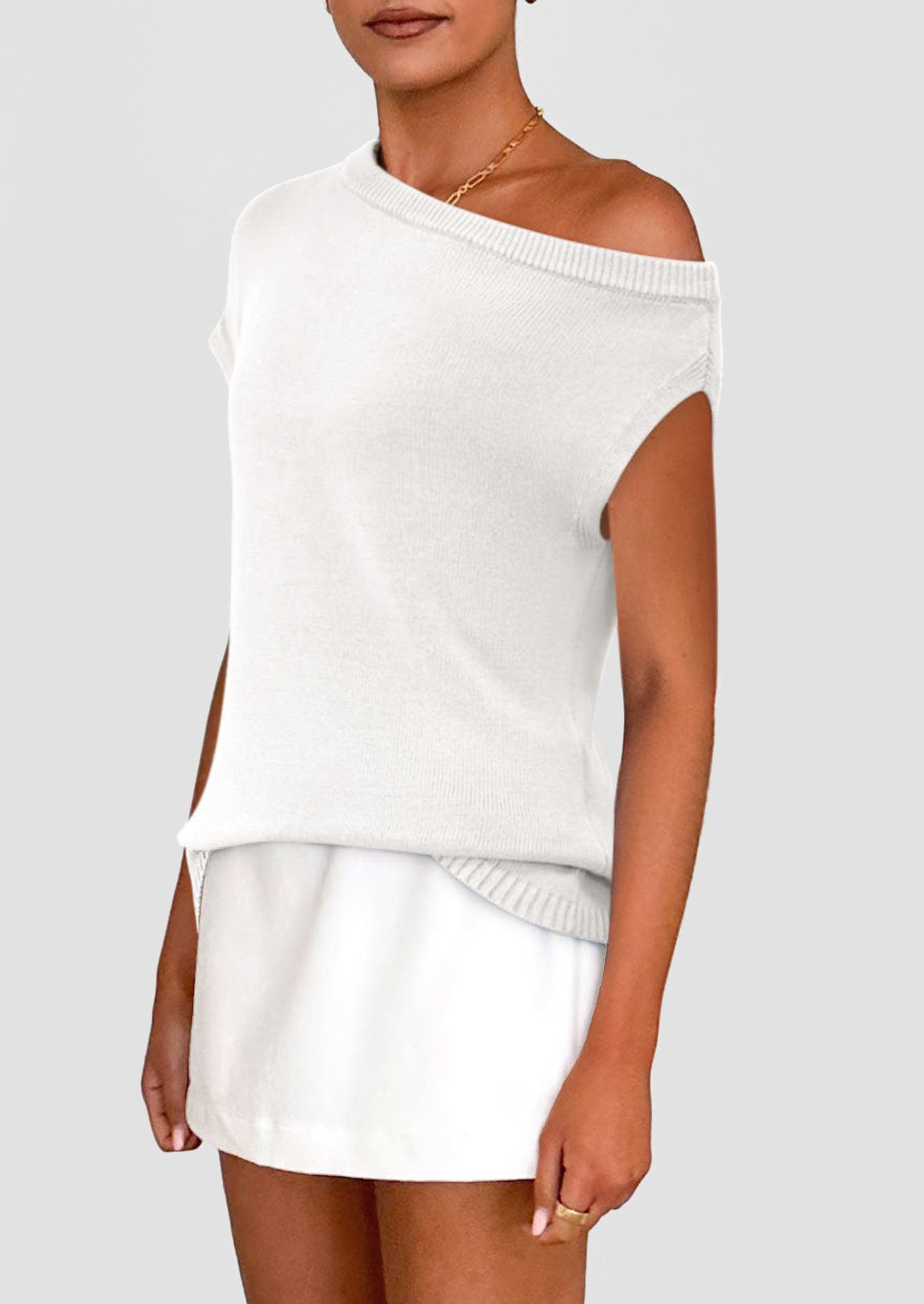 PRETTYGARDEN Womens Off The Shoulder Tops Summer Casual Short Sleeve Tunic T Shirts Lightweight Knit Sweaters