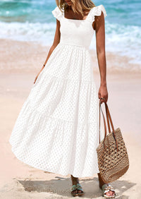 PRETTYGARDEN Womens Square Neck Maxi Dresses Cap Sleeve Eyelet Smocked Tiered A Line Flowy Long Dress with Pockets