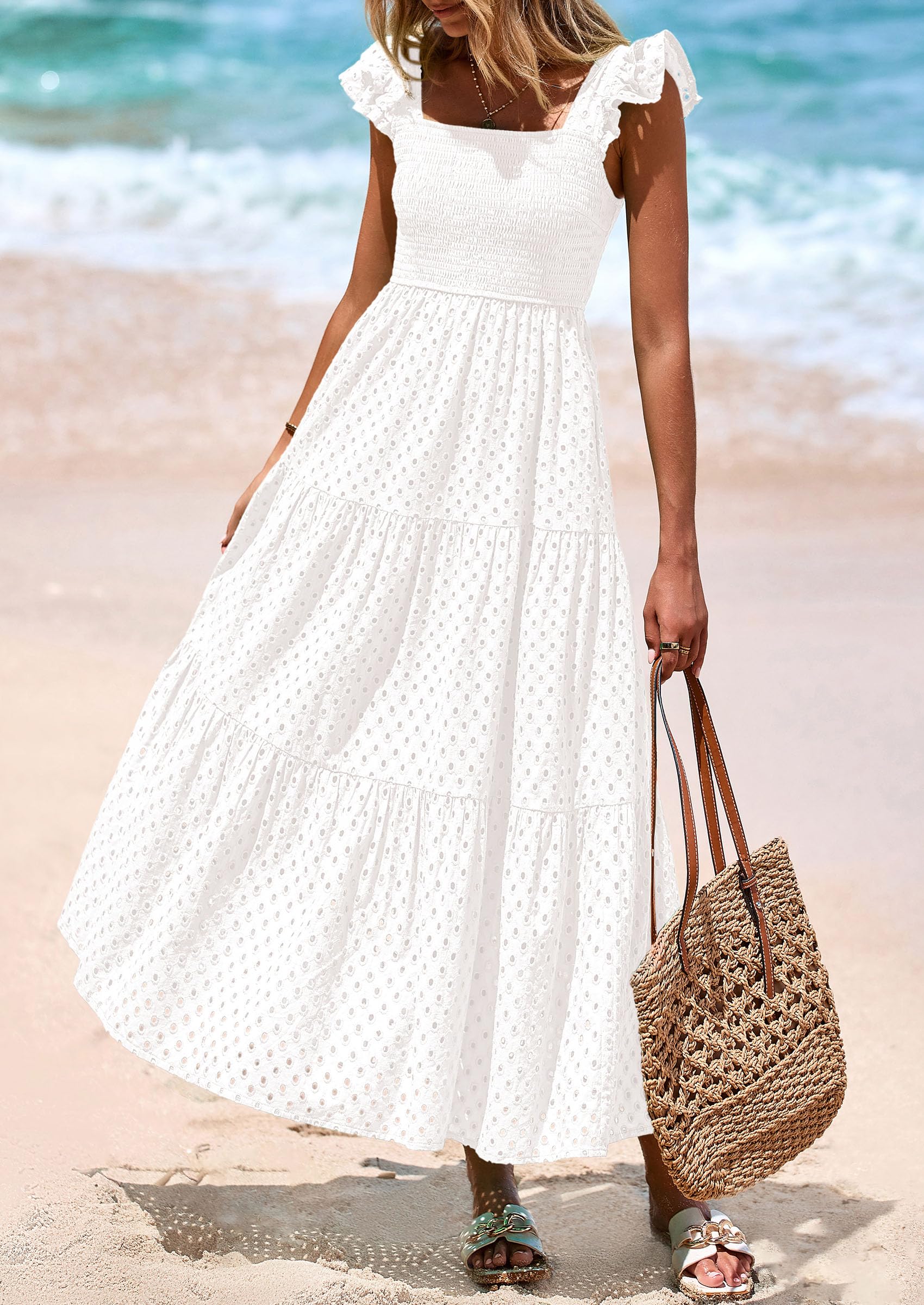 PRETTYGARDEN Womens Square Neck Maxi Dresses Cap Sleeve Eyelet Smocked Tiered A Line Flowy Long Dress with Pockets