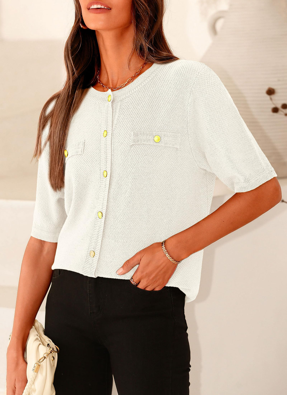 Summer Button Down Shirts Casual Short Sleeve Crew Neck Ribbed Knit Blouse Top Cardigans