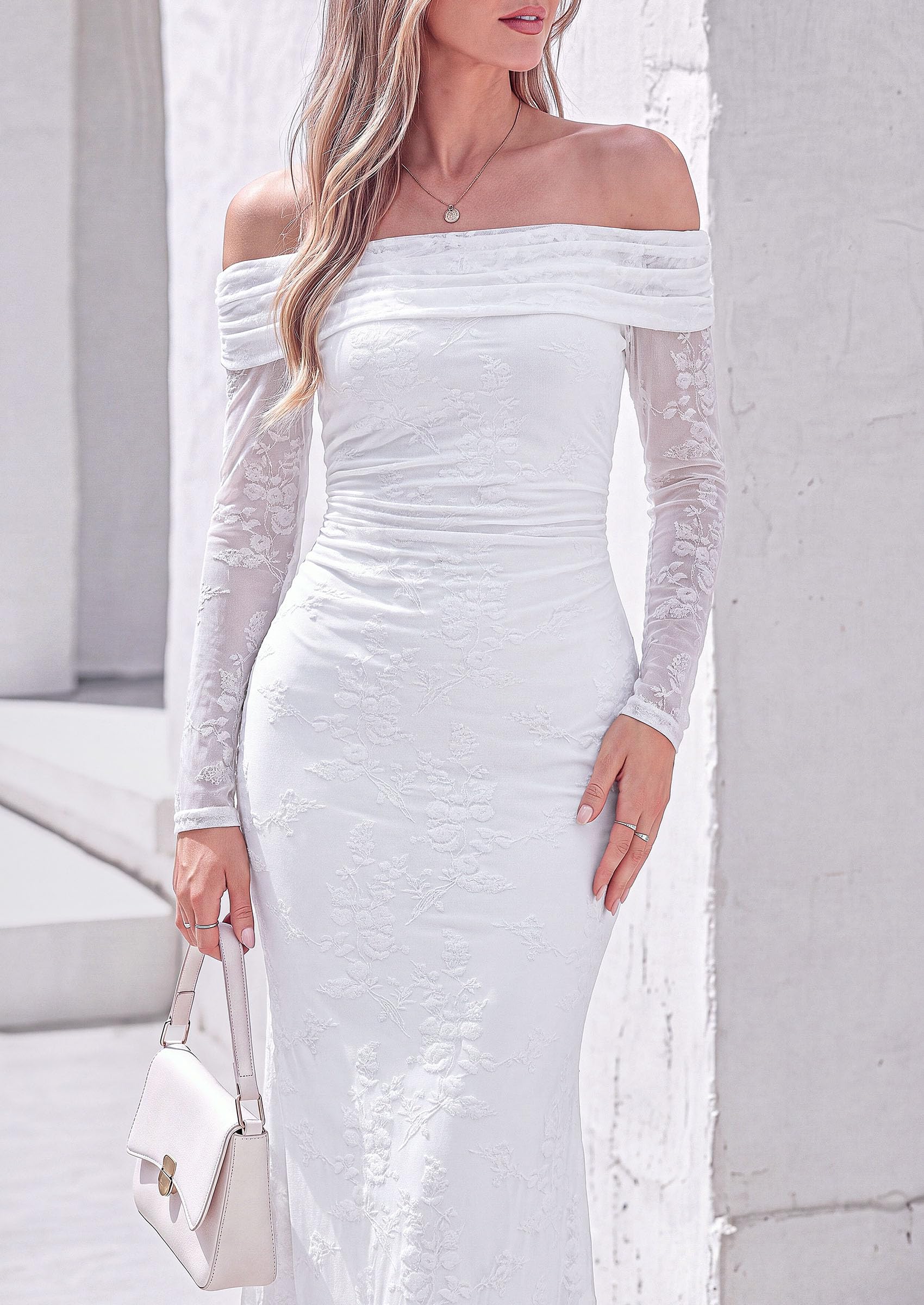 PRETTYGARDEN Womens Off Shoulder Floral Maxi Wedding Guest Dress  Mesh Slim Fit,Elegant Bodycon,Formal Party Cocktail Dress,Bridal Shower Baby Shower,Date Night Outfits,Vacation Long Dresses