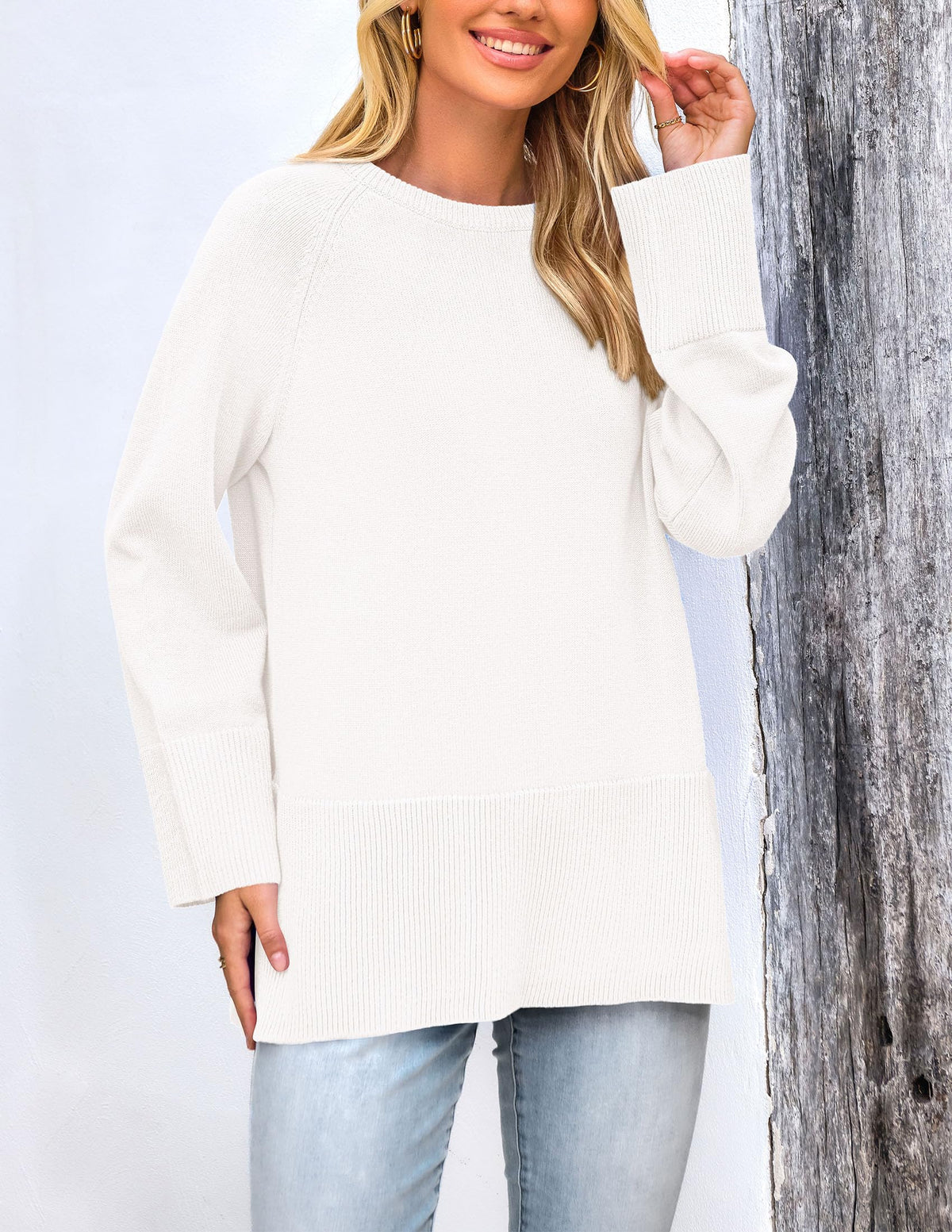 Women's Fall Knit Sweaters Long Sleeve Pullover Crewneck Split Hem Loose Oversized Tunic Sweater Top