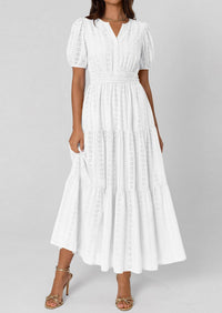 PRETTYGARDEN Womens Summer Maxi Dresses Casual Puff Sleeve V Neck Smocked Flowy Eyelet Cotton Dress Spring Sundress PRETTYGARDEN