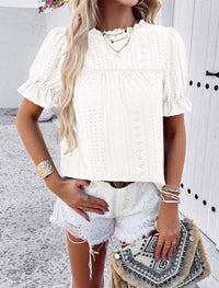 Casual Crew Neck Ruffle Short Sleeve Eyelet Babydoll Blouse