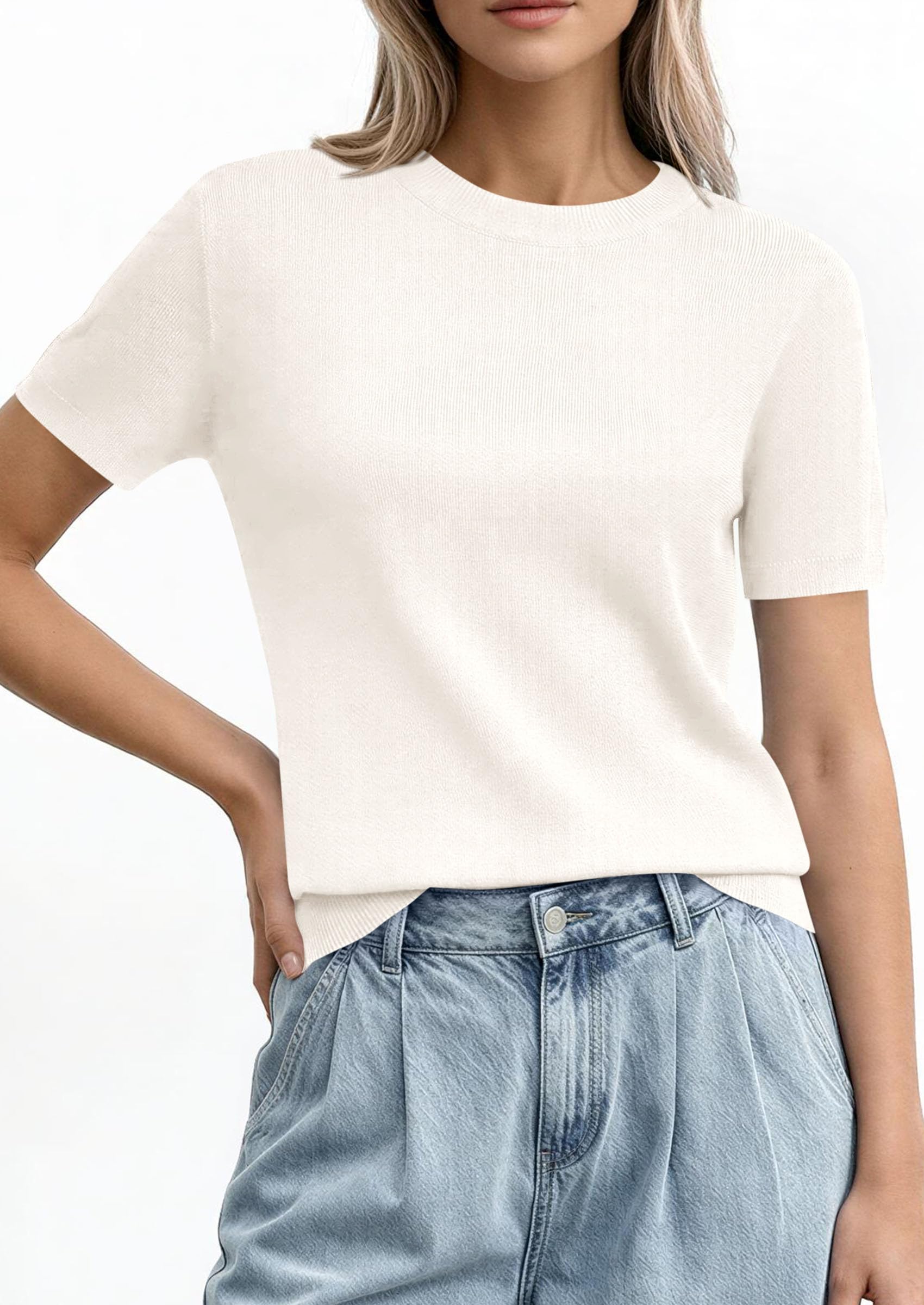 PRETTYGARDEN Women's Short Sleeve Sweaters Spring Crew Neck Knit Work Shirts Business Casual Tops Summer Fashion Clothes PRETTYGARDEN