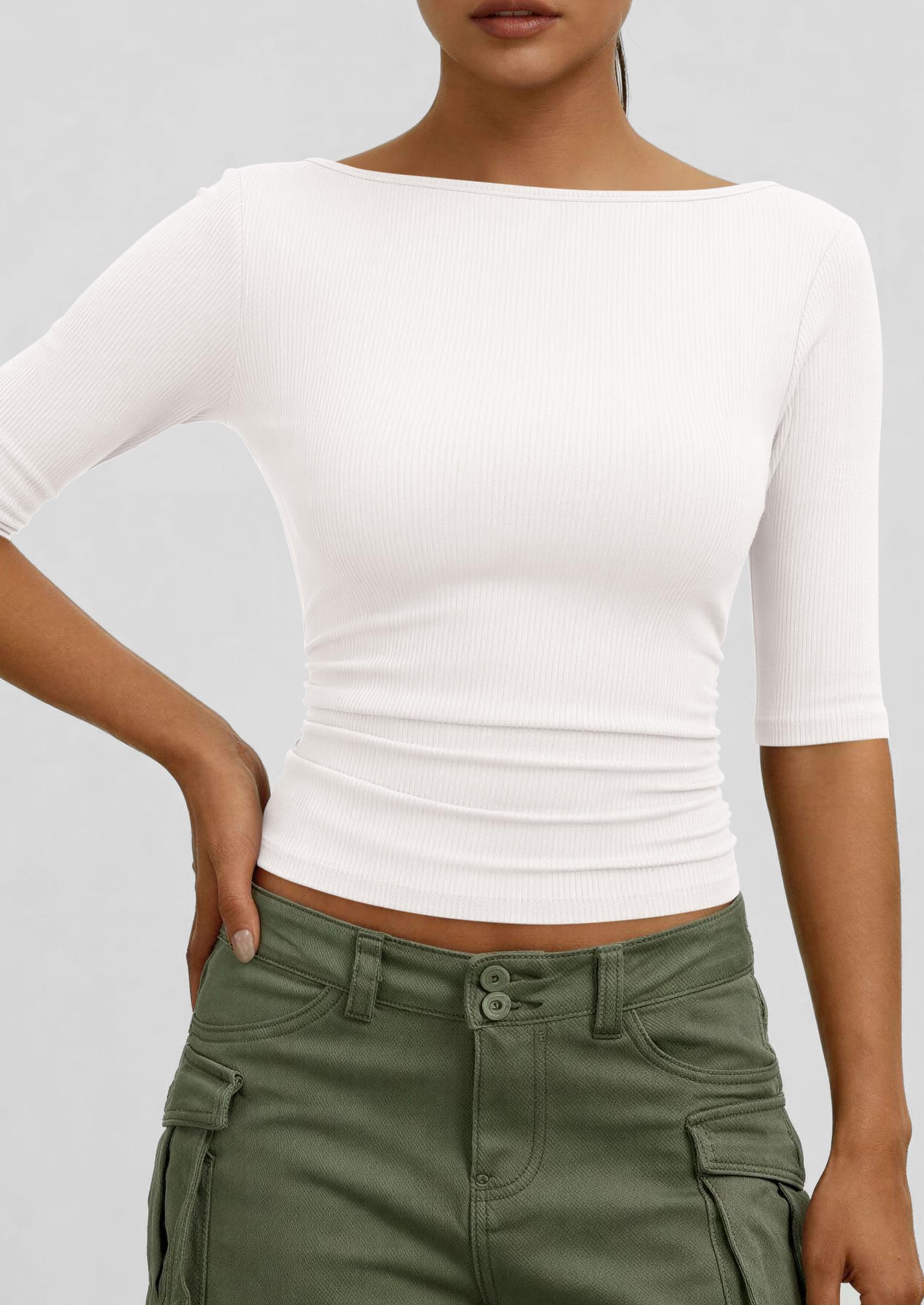 PRETTYGARDEN Womens Summer Short Sleeve Tops Boat Neck Ribbed Knit Slim Fit T Shirt Casual Basic Top Spring Clothes PRETTYGARDEN