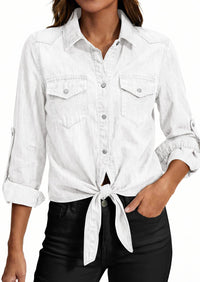 PRETTYGARDEN Womens Denim Shirts Collared Long Sleeve Button Down Shirt Women Tie Front Cardigans Summer Crop Tops Blouses