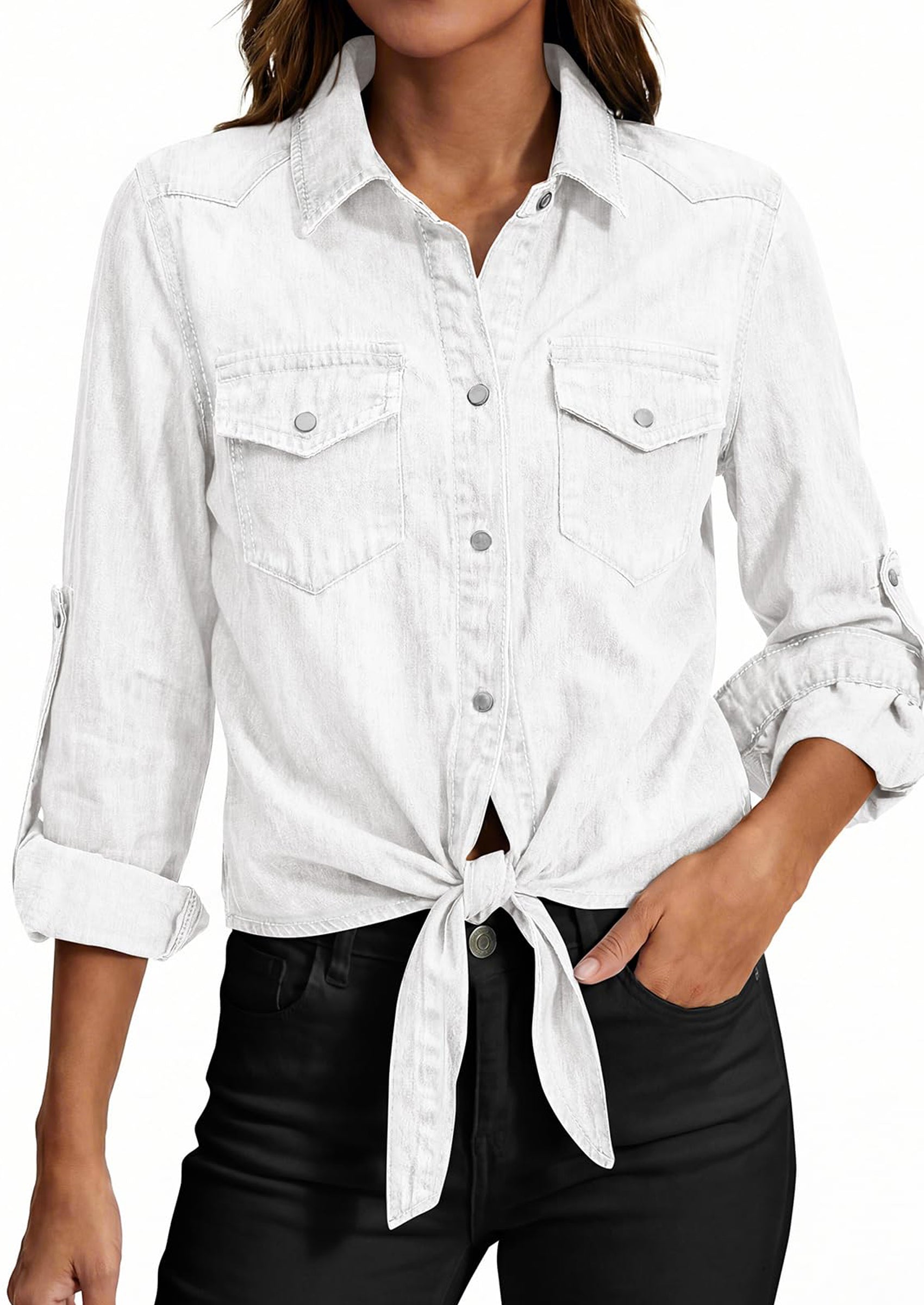 PRETTYGARDEN Womens Denim Shirts Collared Long Sleeve Button Down Shirt Women Tie Front Cardigans Summer Crop Tops Blouses